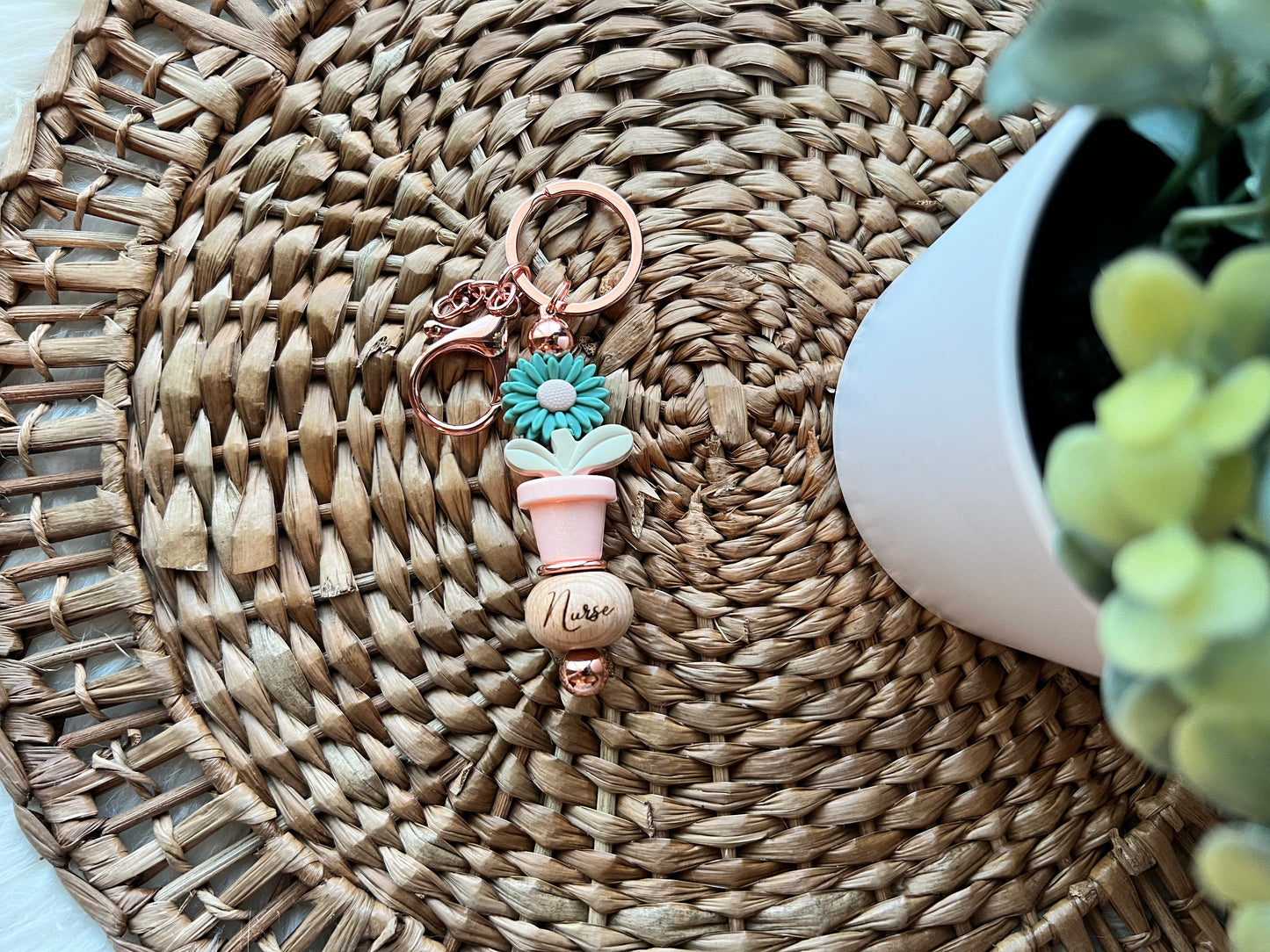 Blue Flower Pink Pot Nurse Keychains