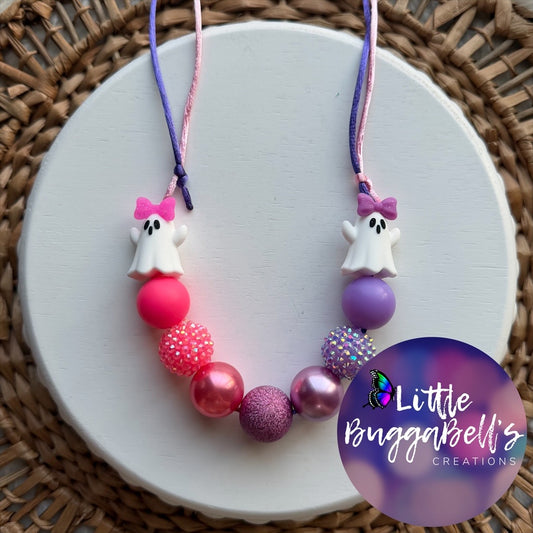 Bow Twin Ghosts Adjustable Bubblegum Necklace
